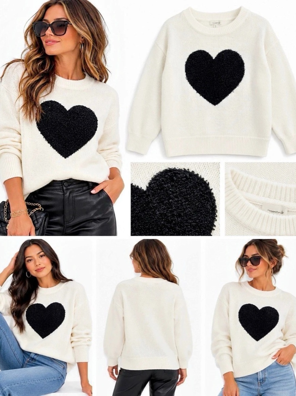 Francesca’s Crewneck Fuzzy Heart Sweater in Ivory and Black Knit Sweater Cozy